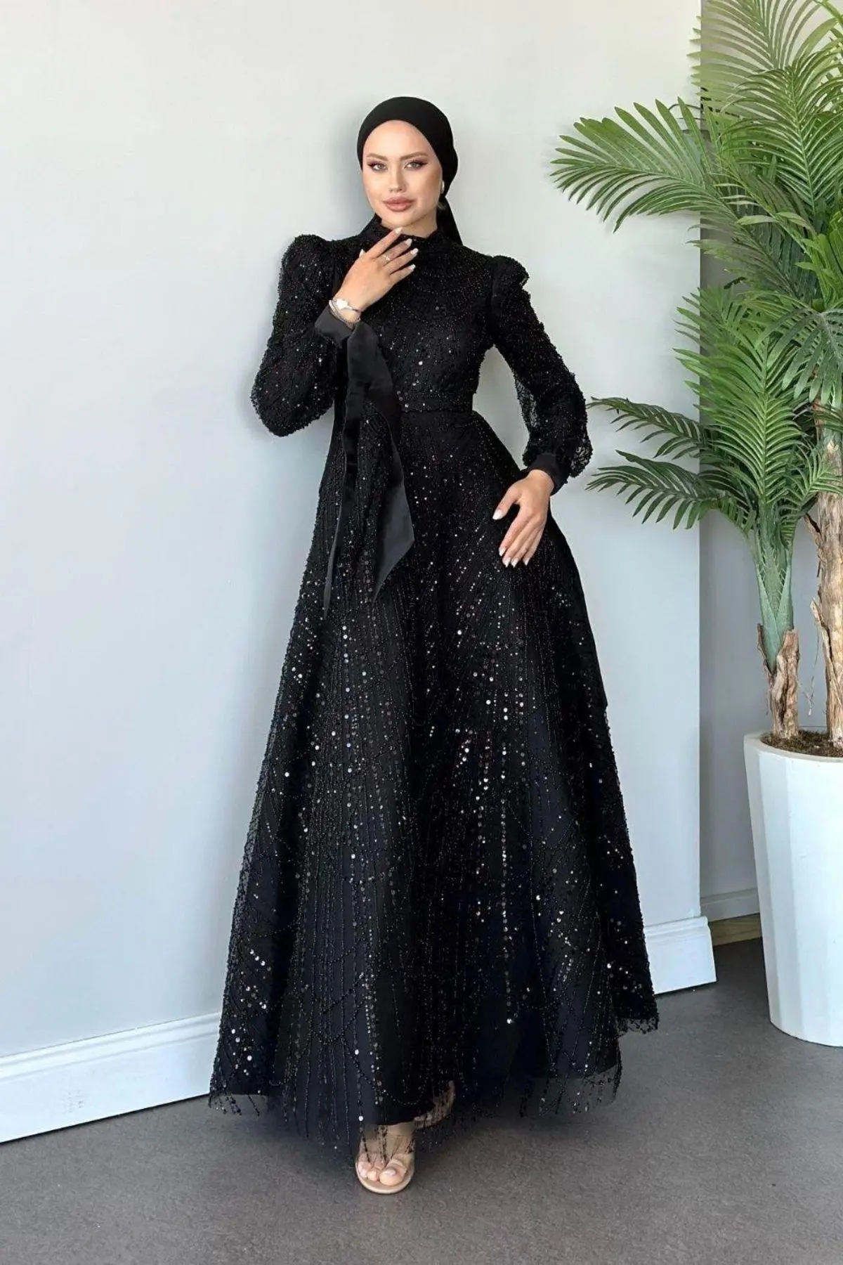 Kuşaklı Gofre Elbise  Siyah