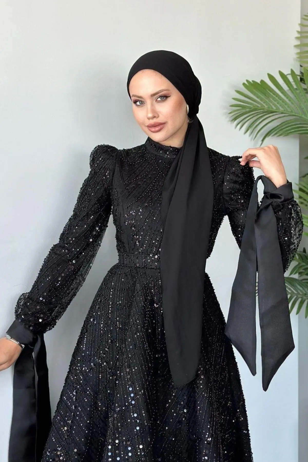 Kuşaklı Gofre Elbise  Siyah