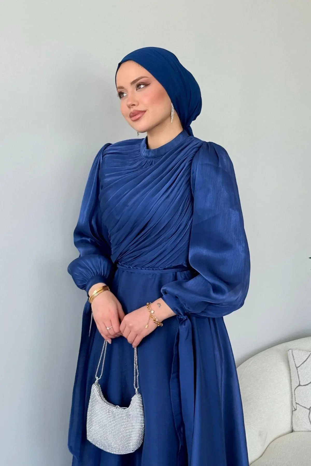 Kuşaklı Gofre Elbise  Siyah