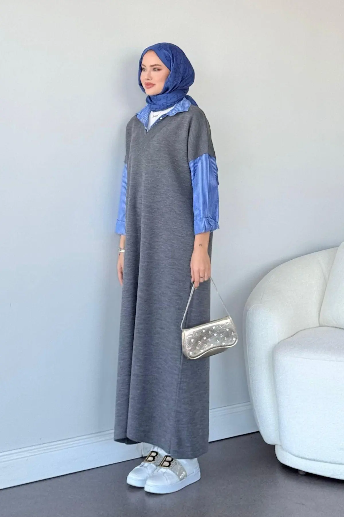 Kuşaklı Gofre Elbise  Siyah