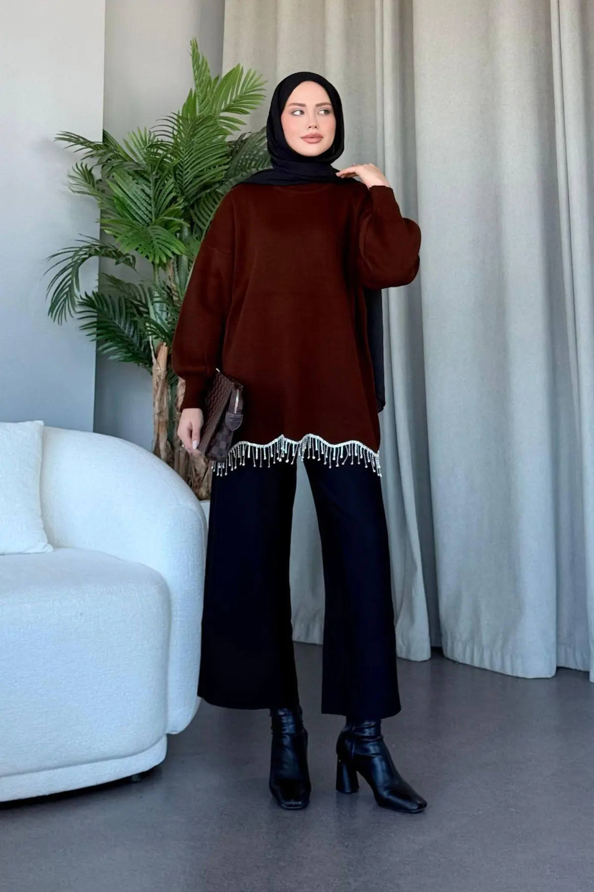 Kuşaklı Gofre Elbise  Siyah