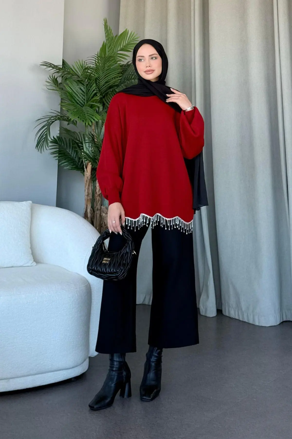 Kuşaklı Gofre Elbise  Siyah