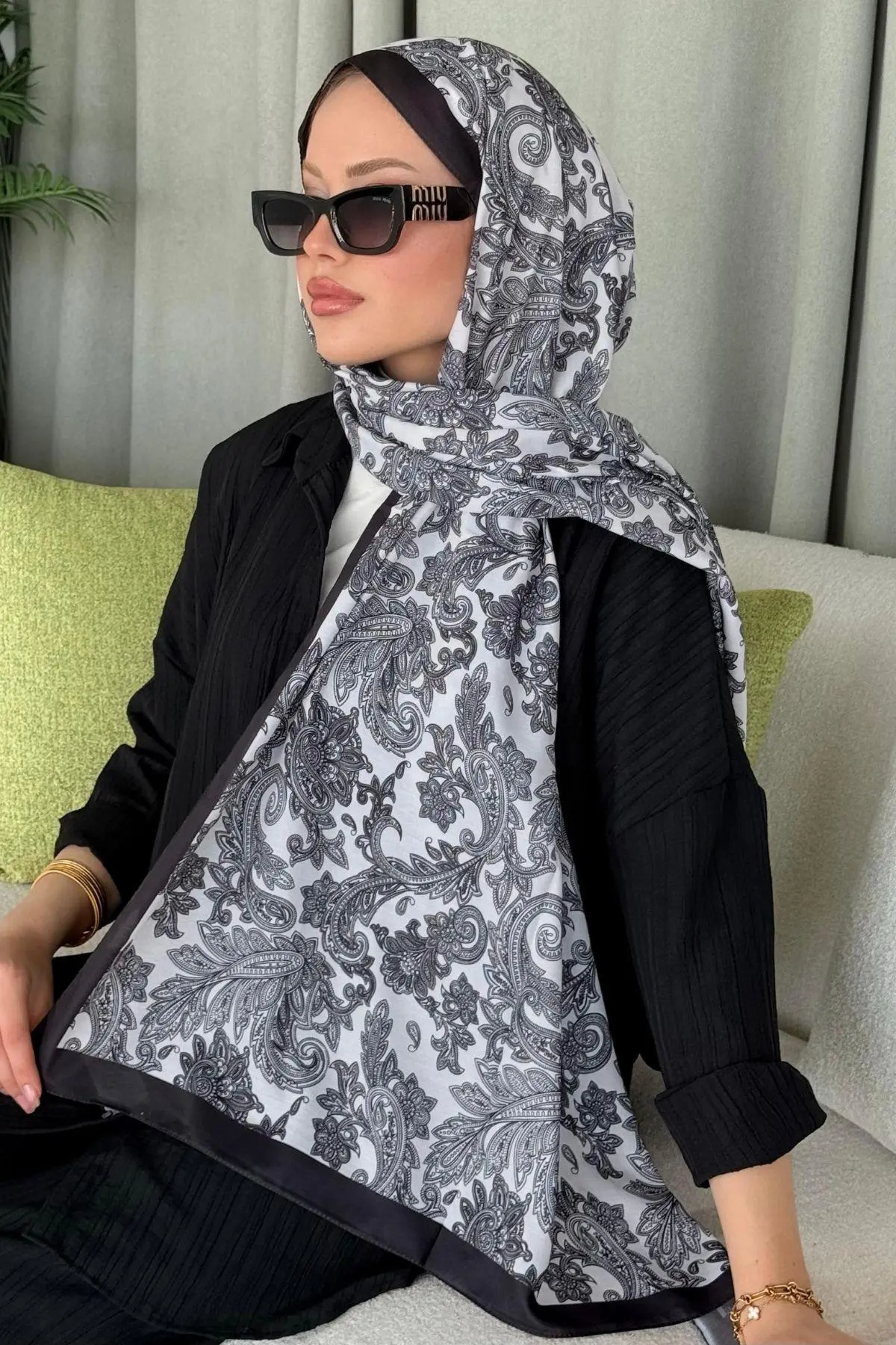 Aras Desen Dijital Şal Siyah