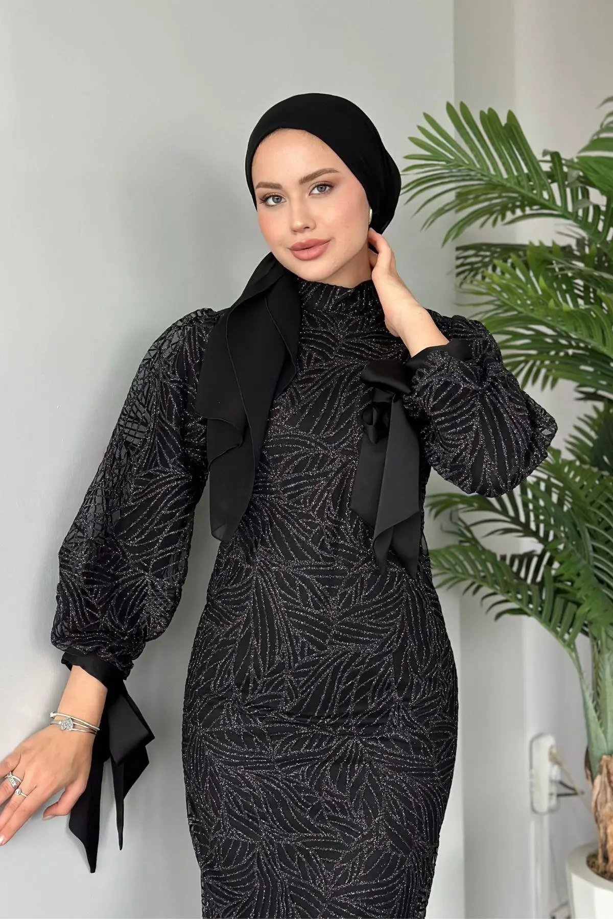 Kuşaklı Gofre Elbise  Siyah