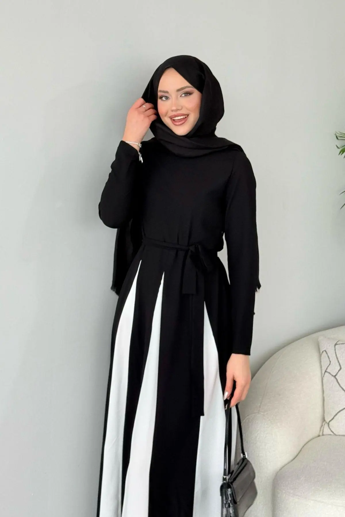 Kuşaklı Gofre Elbise  Siyah